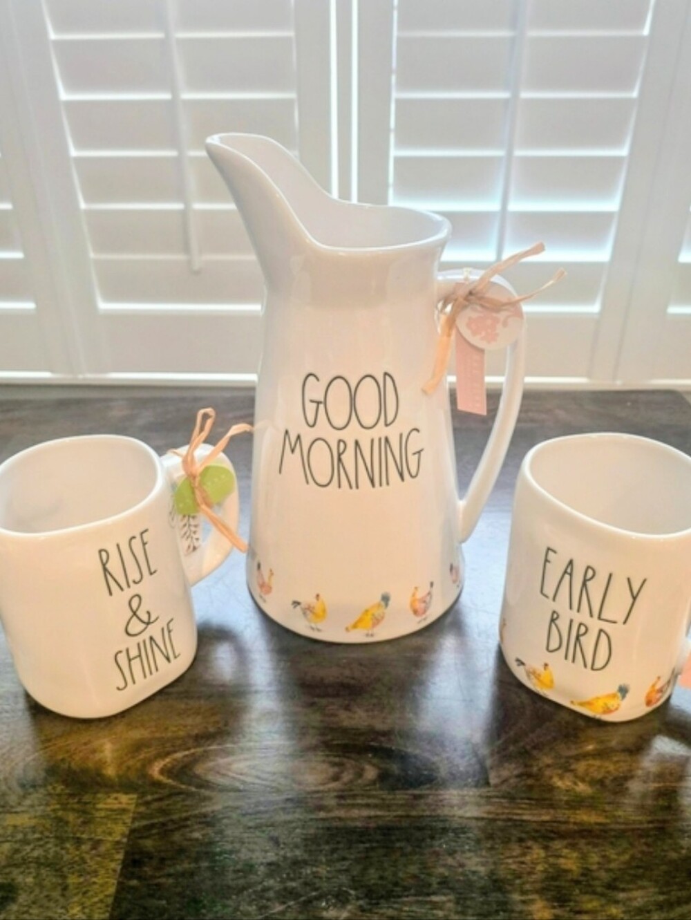 Rae Dunn Good Morning Ceramic Pitcher & 2 Mug Set Rise/shine And Early Bird Nwt